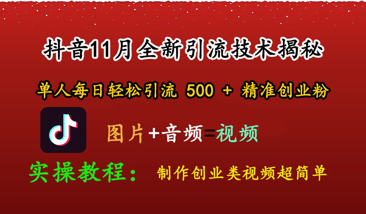 抖音11月全新引流技术，图片+视频 就能轻松制作创业类视频，单人每日轻松引流500+精准创业粉-2Y资源网