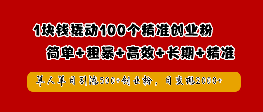 1块钱撬动100个精准创业粉，简单粗暴高效长期精准，单人单日引流500+创业粉，日变现2000+-2Y资源网