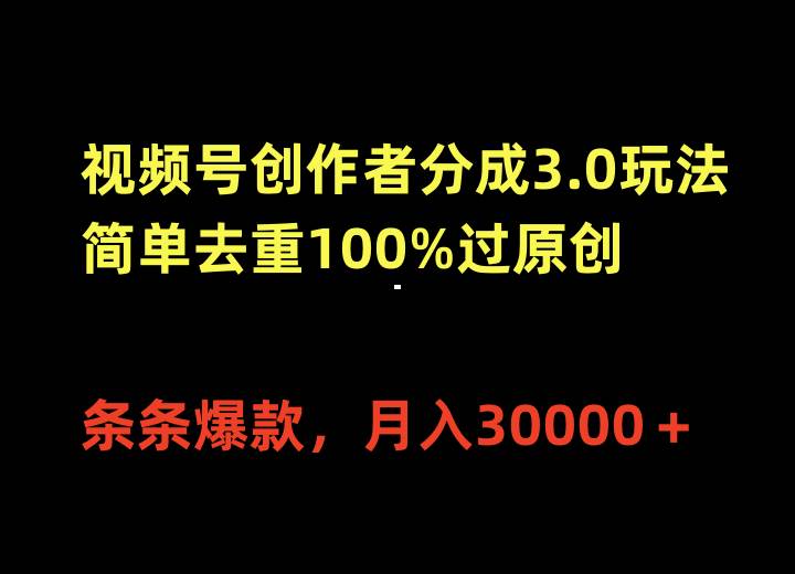 视频号创作者分成3.0玩法，简单去重100%过原创，条条爆款，月入30000＋-2Y资源网