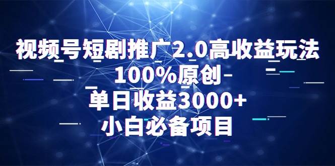 视频号短剧推广2.0高收益玩法，100%原创，单日收益3000+，小白必备项目-2Y资源网
